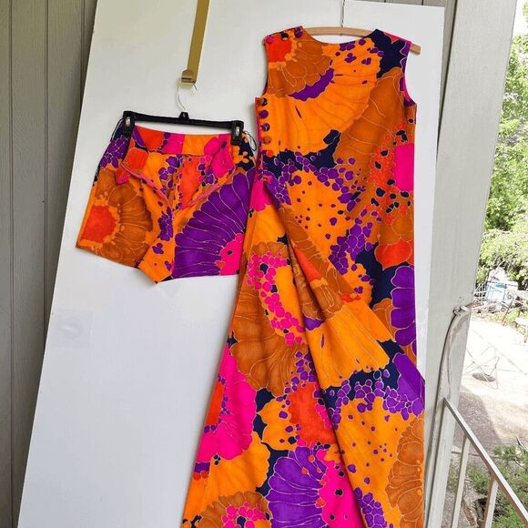 1960s Krist Vibrant Floral Print Dress/Tunic Set, Bold Psychedelic, XS/S - Picture 14 of 16